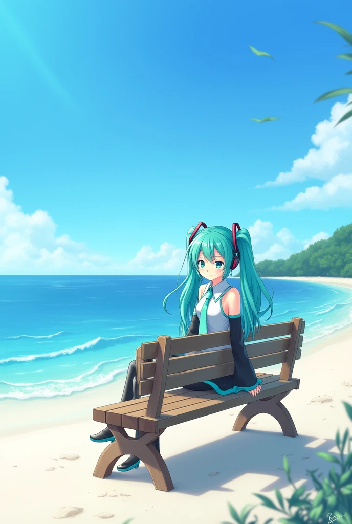 Miku sitting on a bench with a beach background Front view