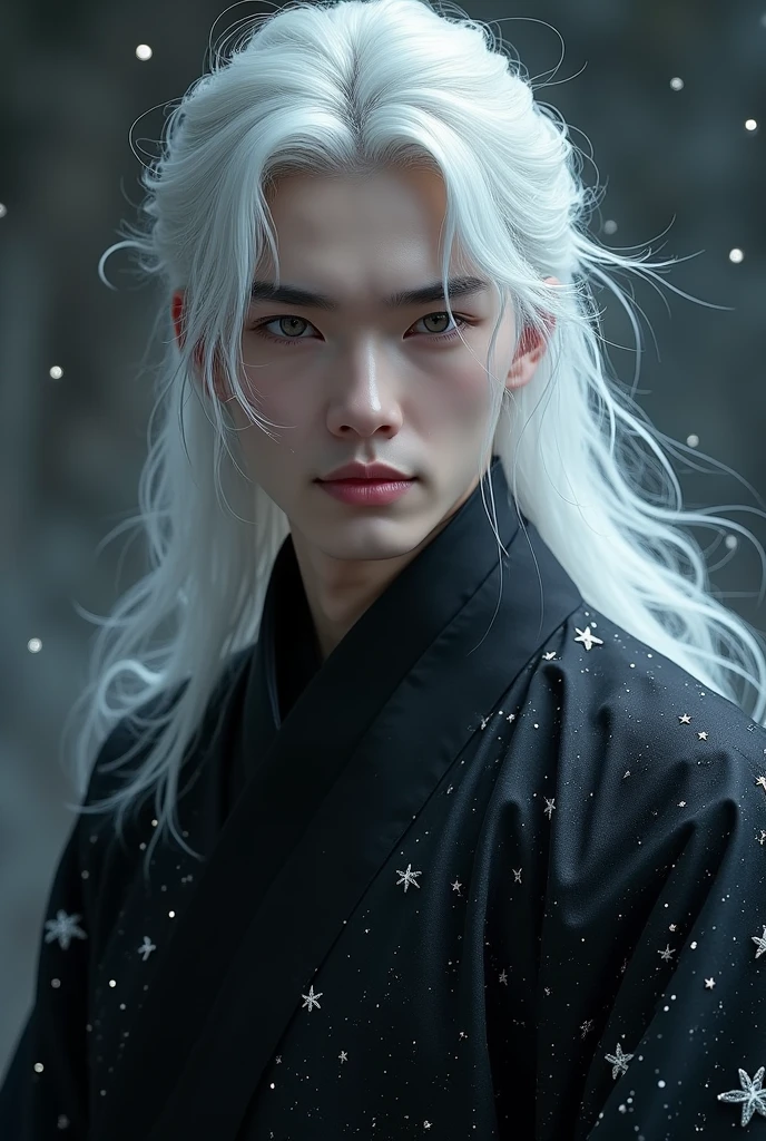 a man with the looks of an angel. everything about this man was strangely white let alone his hair eyes and eyebrows his eyelashes as well are white, but the one thing that is not white is the hanfu he is wearing. it was black as an ink, if one look at it for a long time they could see that it has star like little glowing things that glows every once in a while with silver light making the hanfu look stunning.