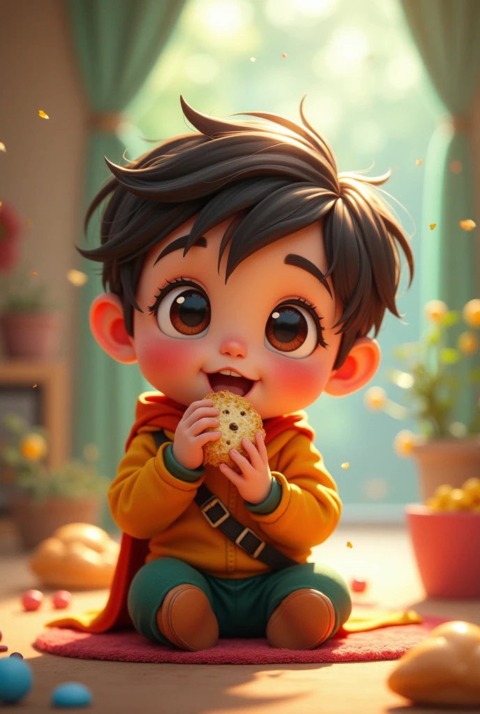 Cute little hero with snacks