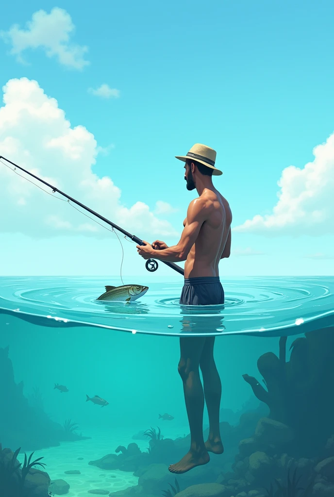A fisherman clipart without clothes half way in the water, stands in water and water is to his chest, and fishing. The fisherman stands 90 degree on teh side and non facing to camera. The water is very clear can see everything. The water is higy to his chest. His shoulder is under the water and one fish is coming to his shoulder under the water.