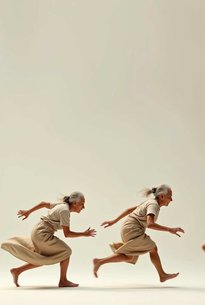 using the previous prompt generate four images of the same old woman running while you see her moving like a slow motion capturing her arms and legs like four photos in a progressive pictures