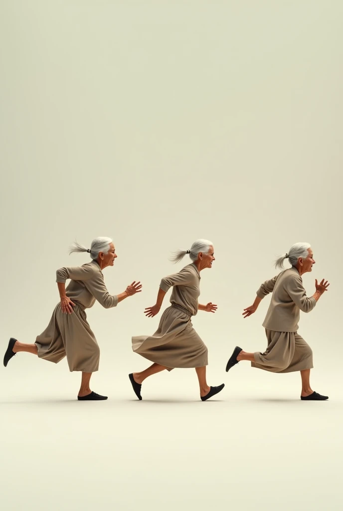 using the previous prompt generate four images of the same old woman running while you see her moving like a slow motion capturing her arms and legs like four photos in a progressive pictures