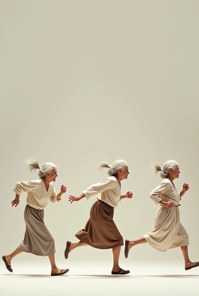 using the previous prompt generate four images of the same old woman running while you see her moving like a slow motion capturing her arms and legs like four photos in a progressive pictures