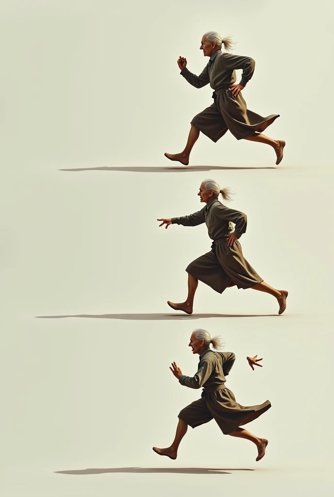 using the previous prompt generate four images of the same old woman running while you see her moving like a slow motion capturing her arms and legs like four photos in a progressive pictures