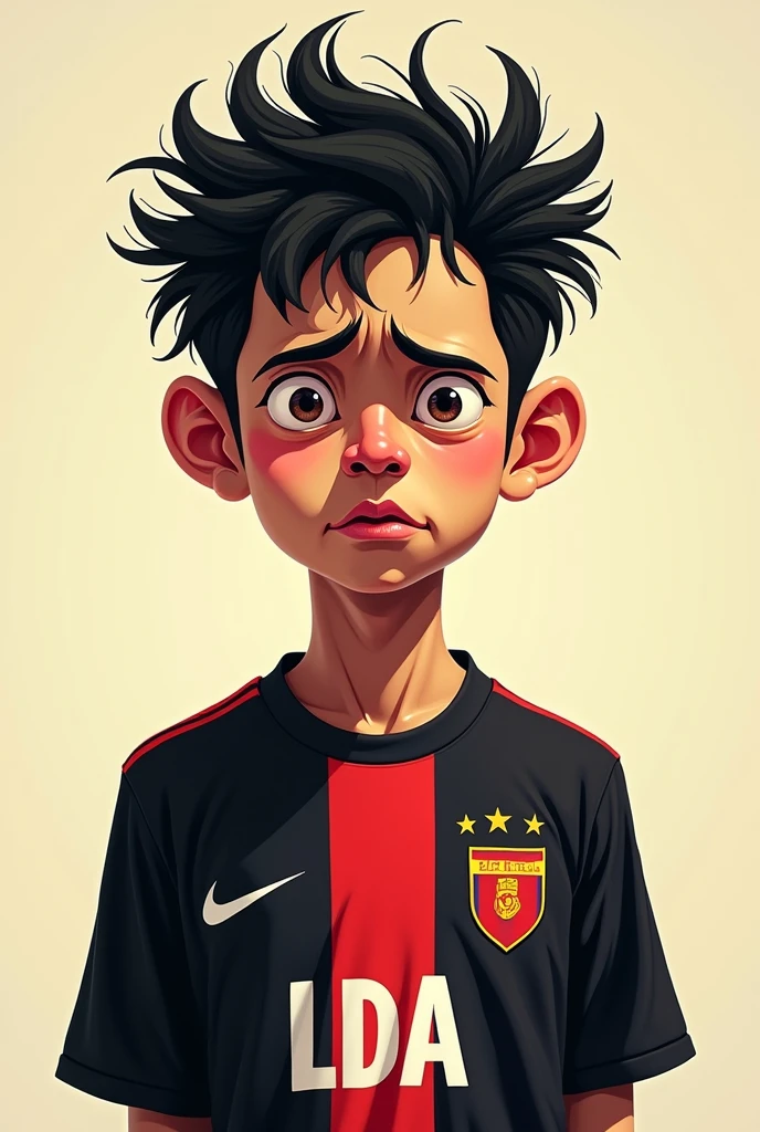 Make me a big nose with Chinese eyes and hair sticking up with a black soccer shirt with red stripes vertically in front that says LDA crying