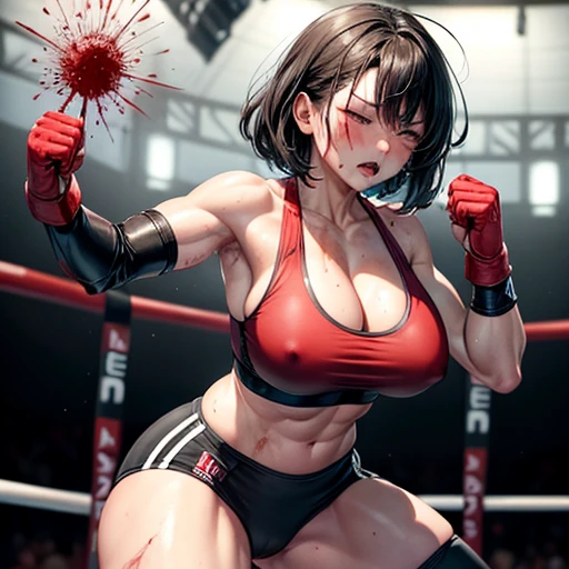 two (bloody) beautiful Japanese heavyweight female fighters are fighting in the octagon fighting ring of underground arena with audience. a fighter is punching a face of another fighter who has her back to the wire fence. they are covered in (blood) and (bruises). (Intense violence), her face is distorted by opponent's attack.they are damaged terribry. Short-cut black hair, out of breath, drooling from mouth, one eye is closed, exhausted, drenched in sweat. Erect nipples. open finger glove. sports-bra, high-leg panty, Stockings. armwarmers. Whittled waistline, muscular, sixpack abs, very (thick arms and thighs), (super huge tits).