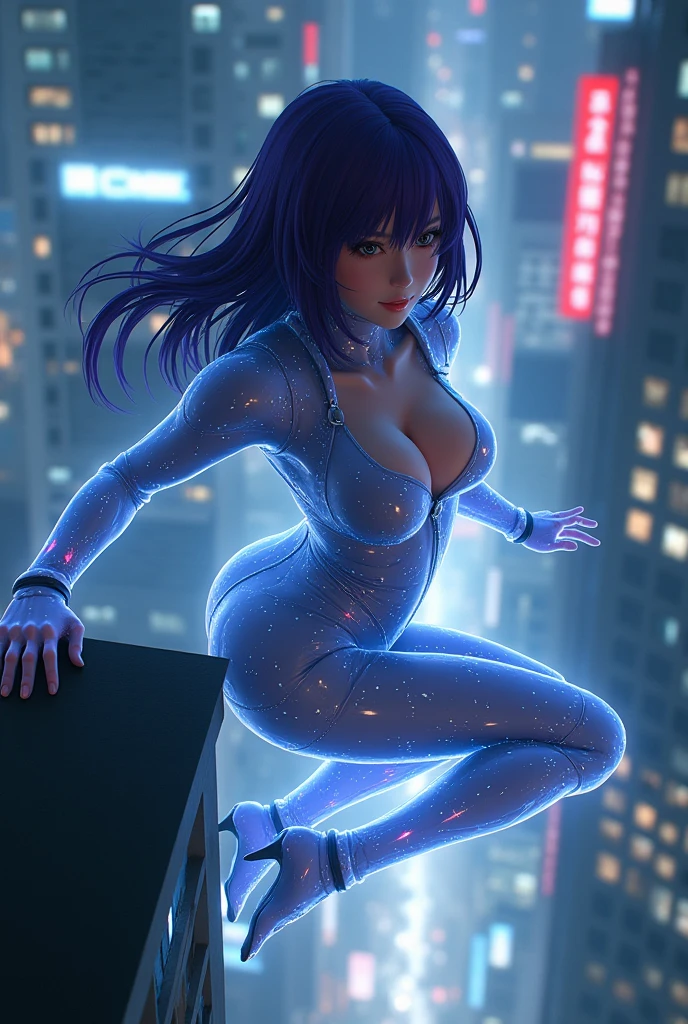 (((Ultra-high-definition Real 3D CG graphics of Kusanagi Motoko from the anime ghost in the Shell、Motoko Kusanagi)))Purple Hair, Beautifully detailed eyes and mouth, Breathtakingly detailed and realistic skin,Beautiful hair texture and shine,Motoko Kusanagiのリアルな質感と細部へのこだわり,衣装はMotoko Kusanagiの服を着ている(((She jumps off the roof of a building on her back:1.2), (Futuristic night cityscape background) ,With her back to the building, she smiles provocatively.))).The black cyber suit is about to be enveloped in transparent optical camouflage,(Optical camouflage expressed with holographic effects:1.5).jump helplessly vertically from the roof of a building, Looking into the camera, Breathtaking 3DCG graphics.(high quality, masterpiece, 最high quality, 4K.8k.:1.5). Super detailed, Ultra-fine painting, A photo that looks like a scene from a movie, Dramatic lighting, Sharp focus, Professional Photo Resolution, 3D Rendering, Awards,ghost in the Shell、