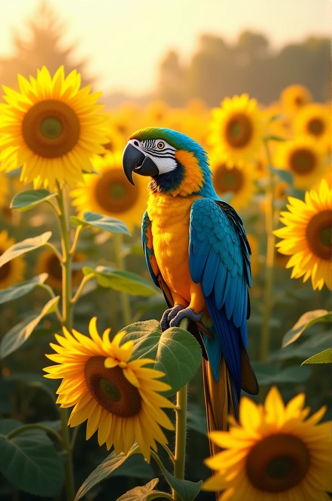 Blue-and-yellow macaw in sunflower field with letter D and I in the picture