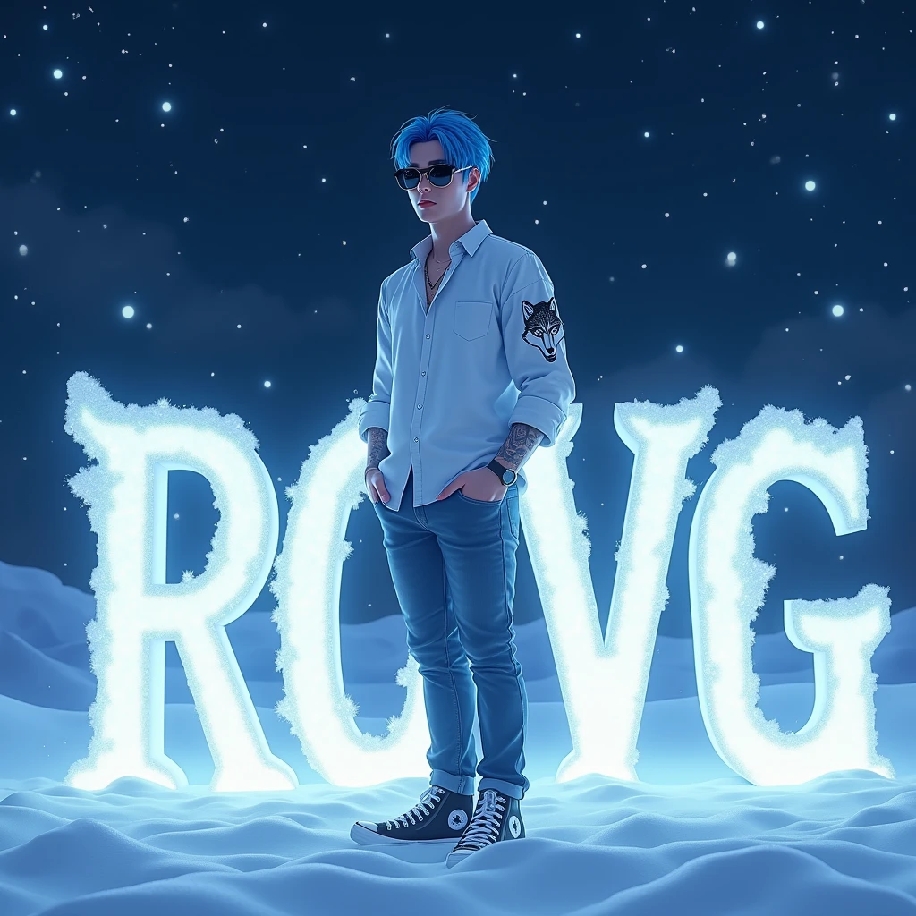 A realistic depiction of humanoid creatures in the world. Japanese  man with bright blue stylish short hair Wear sunglasses with black chrome lenses. Long sleeve white shirt with rolled up sleeves Wolf tattoo on arm, jeans, Converse shoes
Stands holding larger than usual dynamic SNOW letters made of beautiful sparkling crystal. The backdrop is a sea of snow at night with stars twinkling in the sky. UHD 128K.