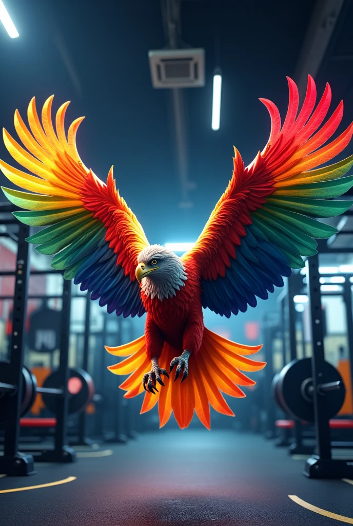 Ah rainbow coloured eagle training in a Gym and back ground needs Gym.and text "FITQ CHALLENGE".This is a challange poster conducted by AESTHETIC GYM TRIVANDRUM