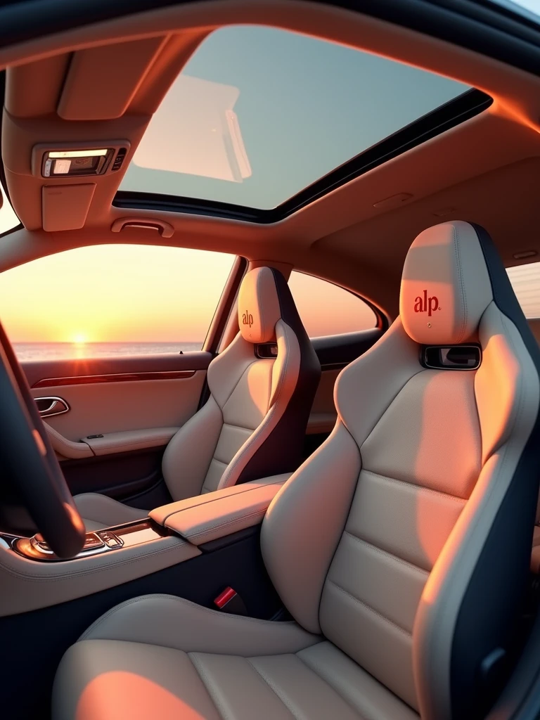 Camera view in 3/4 angle (45 degrees). Highlights include the closed panoramic sunroof, the interior design and the sports seats in beige synthetic leather with the initials “ALP” written in carmine red embroidered on the headrest. | Natural light with a magnificent pink-orange sunset in the outdoor environment. Infinity"