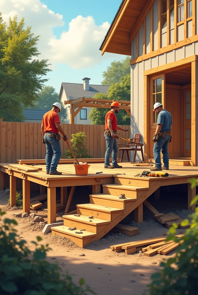 I WANT THE IMAGE TO HAVE PEOPLE WORKING ON A TERRACE CONSTRUCTION BUT FOR A HOUSE AND USING WOOD, IN THAT IMAGE I WANT YOU TO INCLUDE A MOTIVATIONAL PHRASE FOR WORKERS' DAY FROM PBL CONSTRUCTION LLC