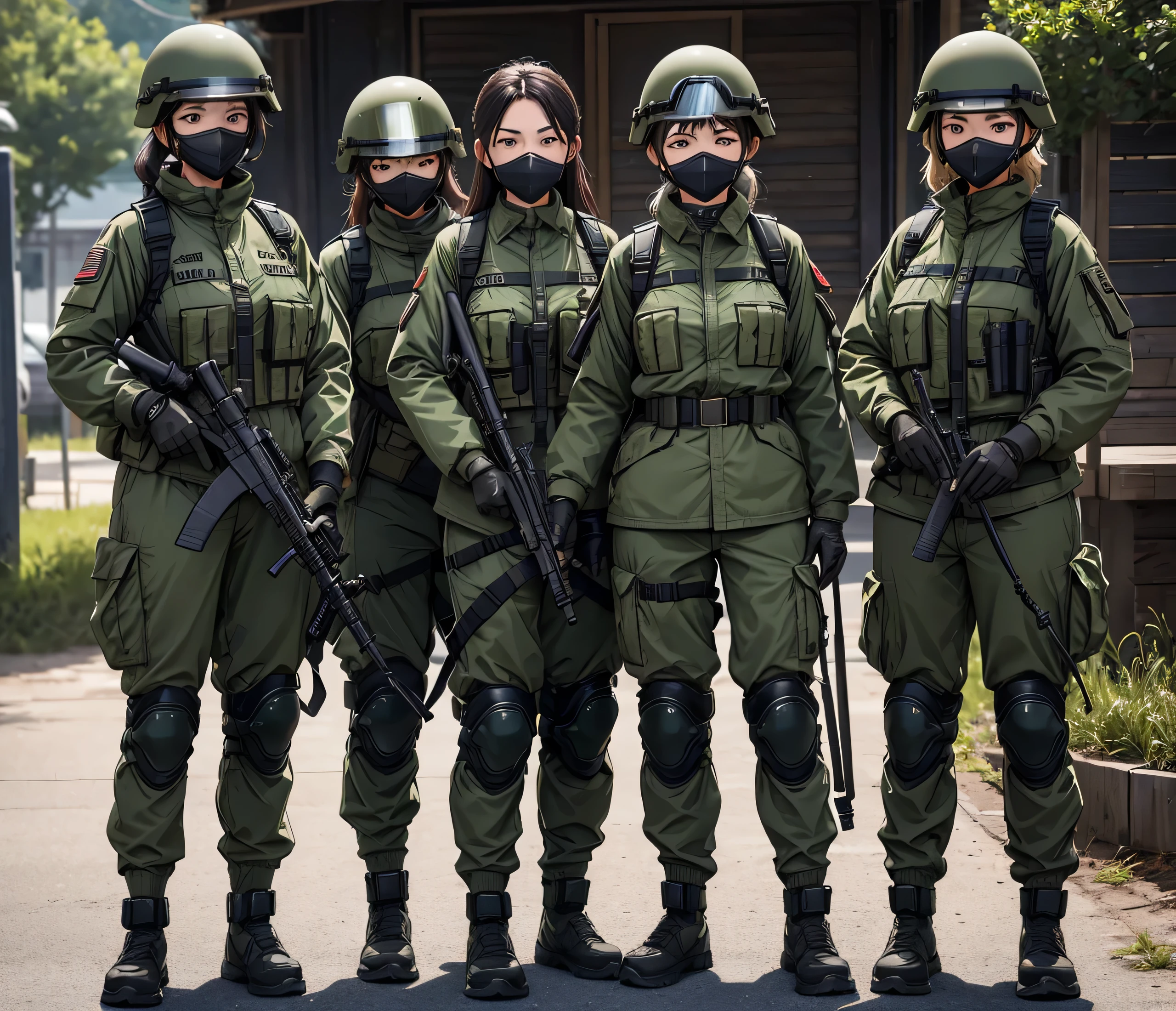 Four female special forces soldiers wearing dark green M-51 military uniforms stand side by side、Put on a helmet、Wear goggles、wearing gas masks、Individual equipment set、Knee pads、dusk、Write details、masterpiece、best quality、Highly detailed CG、8K picture quality