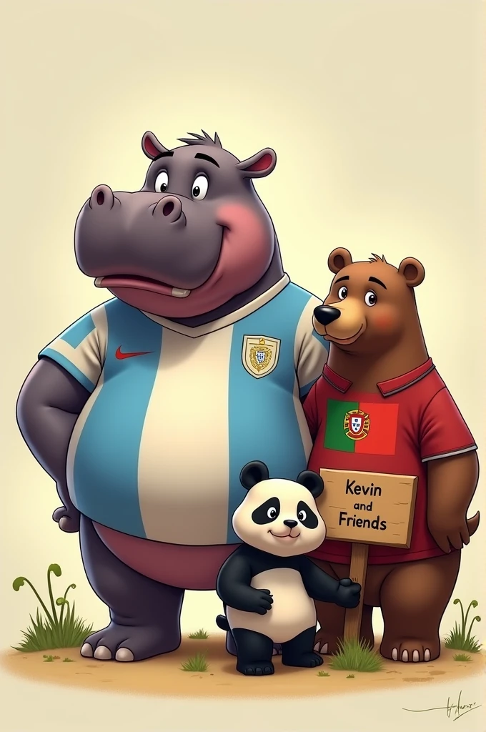 A hippopotamus with an Argentina shirt, with a panda bear, Portugal shirt, and a brown bear, with a sign reading “KEVIN AND FRIENDS”