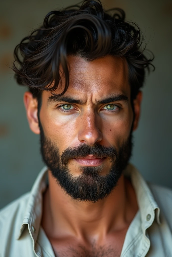 (photorealism:1.2), a handsome man in his late 20s with a rugged yet well-groomed appearance. He has short, tousled dark hair and a full beard with a slightly lighter tone. His eyes are bright green, with a piercing and intense gaze. The man is wearing a casual, light-colored shirt that reveals a strong build and tan skin. The background is simple and neutral, highlighting his facial features and expression. The lighting is soft, emphasizing his chiseled jawline and subtle facial shadows, creating a natural and confident look.