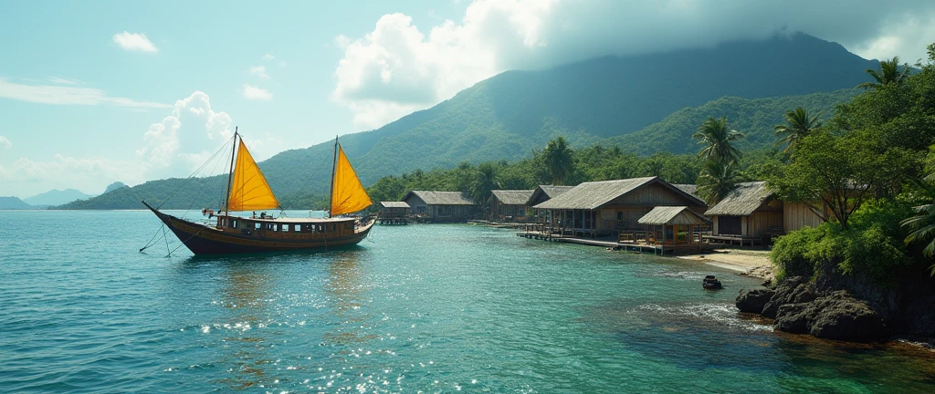 Village from ancient Ternate island, Maluku, Indonesia, beside a ocean and Ternate mountain, there is no peoples, kora-kora ships with yellow flags, hyper realistic, masterpiece, best quality, ultra-detailed, UHD, 64K