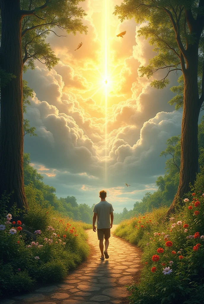 a person walking on a beautiful path, comprido, with many flowers, Trees, floor, birds. At the end of the path there is heaven with a cross, clouds and a big lion.
