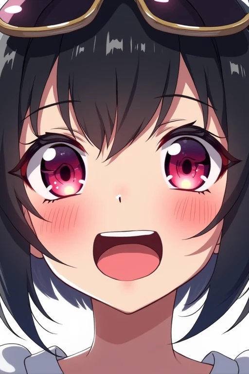 High Resolution, Masterpiece, Accurate, Detail, High Quality, Bangs, Black Hair, Short Hair, Breasts, Large breasts, Open Mouth, Tongue, Tears, Pink Eyes, Facial Hair, Upper Teeth, Embarrassed, Happy, Drooling, Blush, From Below, Close-Up, Cowboy Shot, Bell, Sunglasses, Mole Under Mouth, Anime,