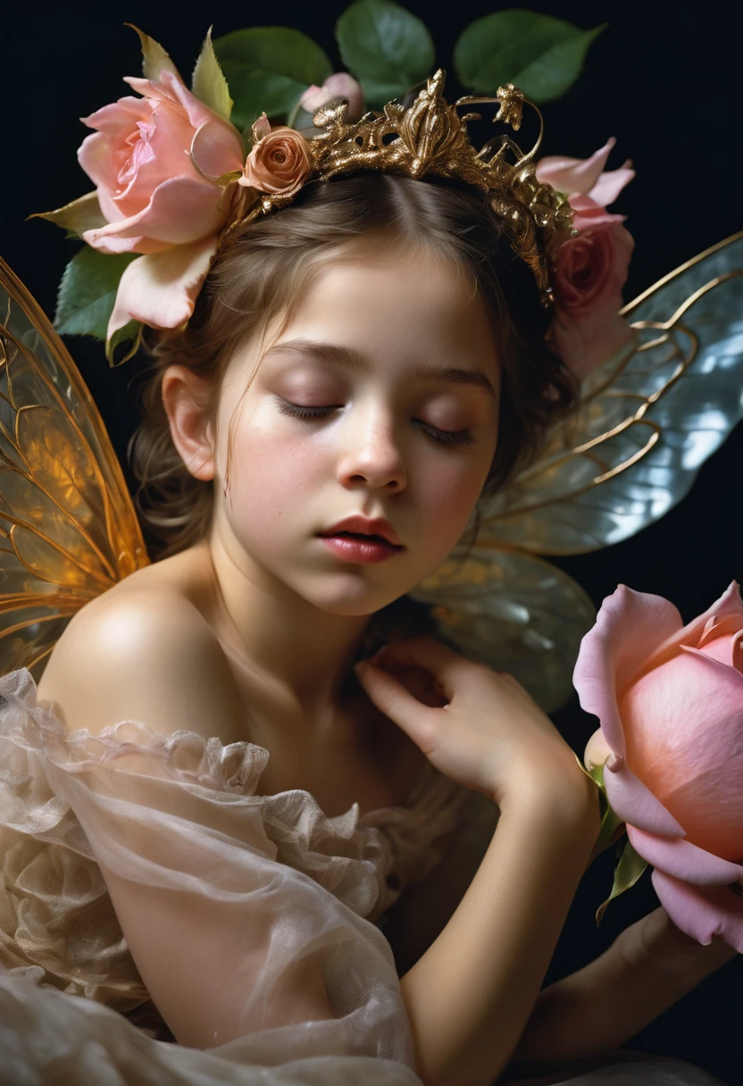 A stunning, surreal image capturing a wee fairy with intricately detailed golden and transparent wings, her delicate cherub face is illuminated by luminous shadows that add depth and drama to the scene. She is sleeping in a rose bud. Her skin is amazingly luminescent. The image is captured using Fujifilm Provia 400x, enhancing the richness and vibrancy of the scene. This masterpiece pays homage to the works of renowned artists such as , Jenny Saville, and Max Ernstrunepunk, merging their styles to create a captivating and unforgettable visual experience., photo, painting.
