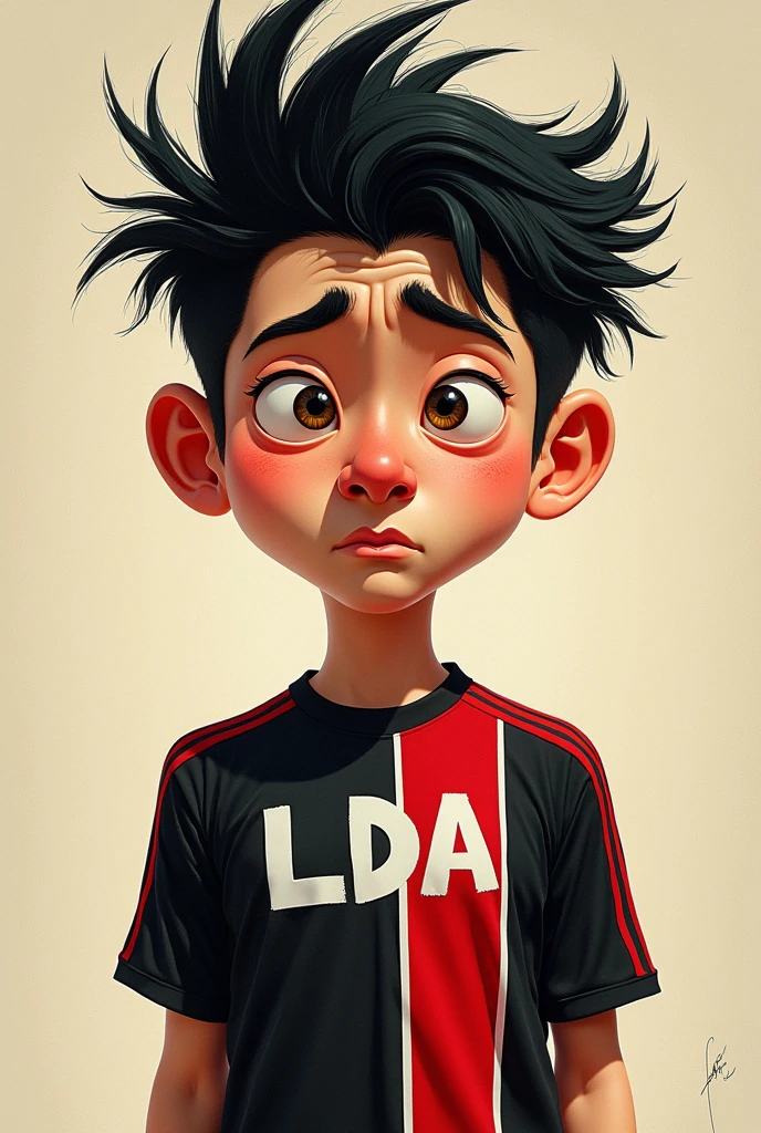 Make me a big nose with Chinese eyes and hair sticking up with a black soccer shirt with red stripes vertically in front that says LDA crying
