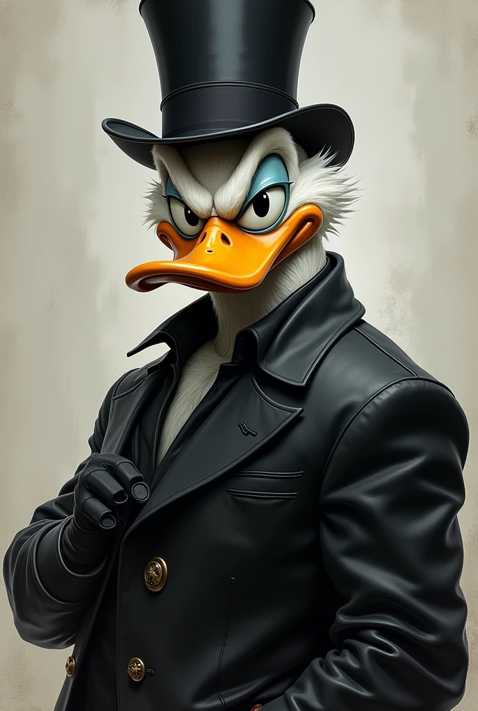 adult, pumped up donald duck with an attentive aggressive look, In a black jacket, feather color black, in a top hat. Smart face emotion