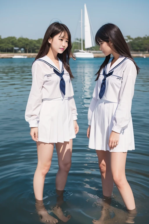 Reflected from head to toe、Two beautiful girls、White shirt sailor suit
