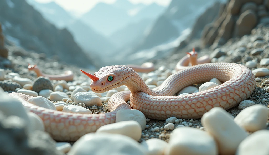 There are many white jades and pit vipers with spikes on their noses between red and white rings on the mountain.（best quality，4K，8k，High level，masterpiece：1.2），Ultra Detailed，（lifelike，Photo real，Photo real：1.37）