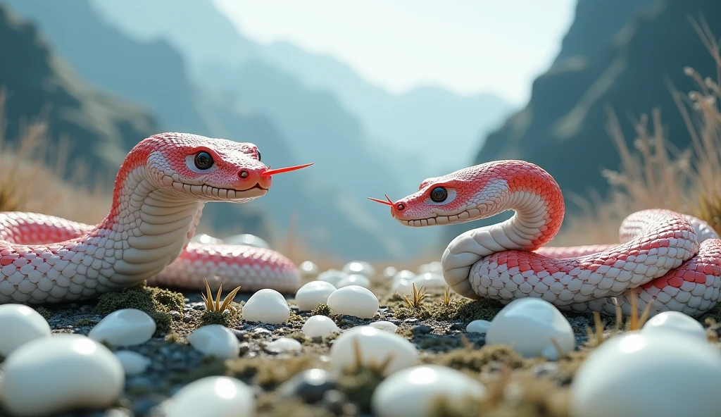 There are many white jades and pit vipers with spikes on their noses between red and white rings on the mountain.（best quality，4K，8k，High level，masterpiece：1.2），Ultra Detailed，（lifelike，Photo real，Photo real：1.37）