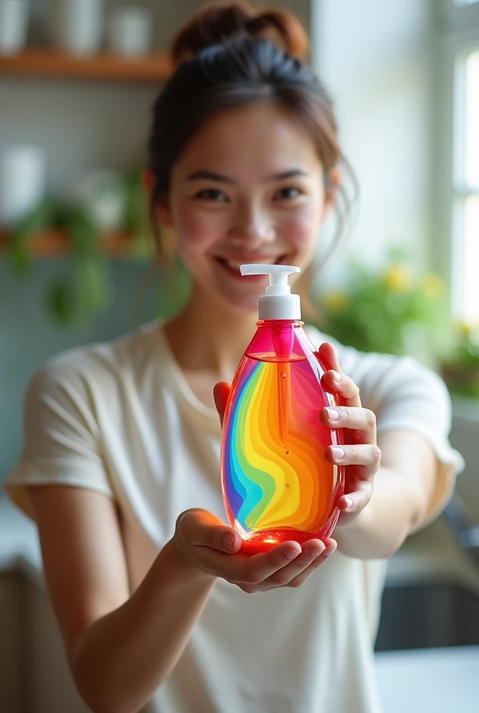 Create a liquid soap for the kitchen that has a dishwasher, Make your slogan catchy, In addition to being biodegradable, and that it be of many colors, and that a mother is holding him 


 
