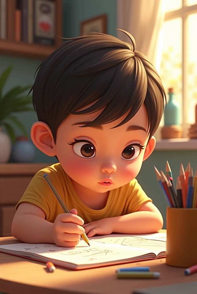 Write what you feel: A child writing in a notebook or drawing on a sheet of paper with a thoughtful expression. Animated image for children