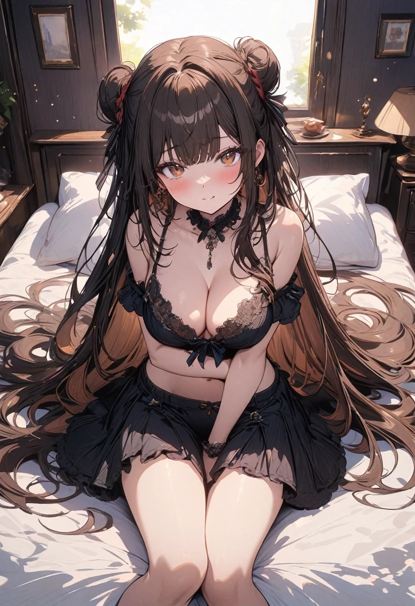 (((depict young girl in lace lingerie))), (((top-quality, masterpiece))), hi-school girl, in, ((cute black lingerie with lot of details)), (pink ribbons on lingerie), straight brown hair, deep blue eyes, small breasts, nice hips, open shoulder, shopping, (Masterpiece, Excellent, complex details), delicate girl, delicate face