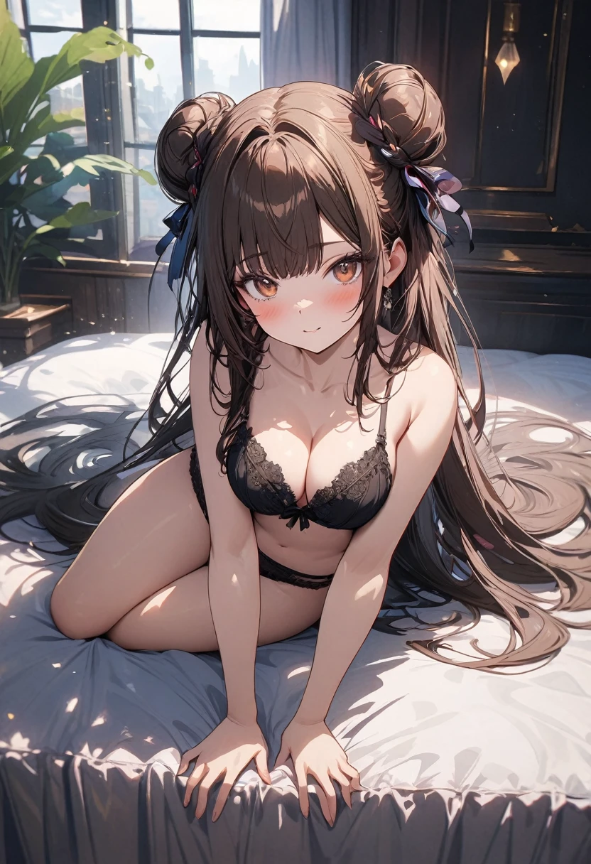 (masterpiece), best quality, very aesthetic, newest, absurdres, detailed, high quality
BREAK
highest quality, top quality, details, highres, ultra fine painting, digital art, official art, splash art, cinematic, 4k, 8k resolution, 8K CG wallpaper, original artwork, detailed background, High Dynamic Range, lens flare, blurry background, Starburst effects, crepuscular rays, good ISO, high resolution, wide shot, from far away, POV, sharp focus, light reflection, reflections, intricate details, soft light, particle noise, professional photography, bokeh, depth of field, studio lighting, vibrant colors, detailed lights and shadows, stylish, ultra-detailed, top rated on Pixiv, trending on Artstation, niji style, master crafted, pose
BREAK
solo, from above, 1girl, pale skin, correct fingers, detailed hand, (big toned breasts:1.2), big thighs, small torso, short body, flushtered, blush, anxious expression, embarassed, embarassed act, casual, slim, ((cute, childlike face):1.3), nice body, nice hips, brown hair, (very long flowing hair, 2 buns hairstyle), long bangs, long hair, middle hair bangs, brown eyes
BREAK
(Wearing only bra and underwear, revealing skin, laying down on a bed, (sensually inviting pose, full body), sensitive graphics)
BREAK
(Bedroom, bed, pillows, sheets, lazily scattered clothes and undergarments)