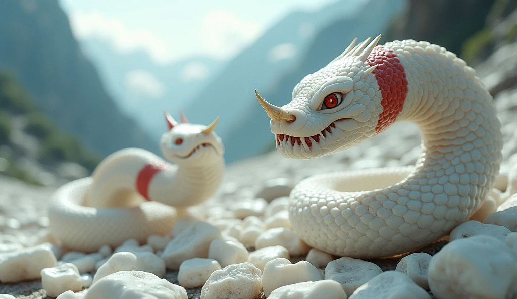 There are many white jades and pit vipers with spikes on their noses between red and white rings on the mountain.（best quality，4K，8k，High level，masterpiece：1.2），Ultra Detailed，（lifelike，Photo real，Photo real：1.37）