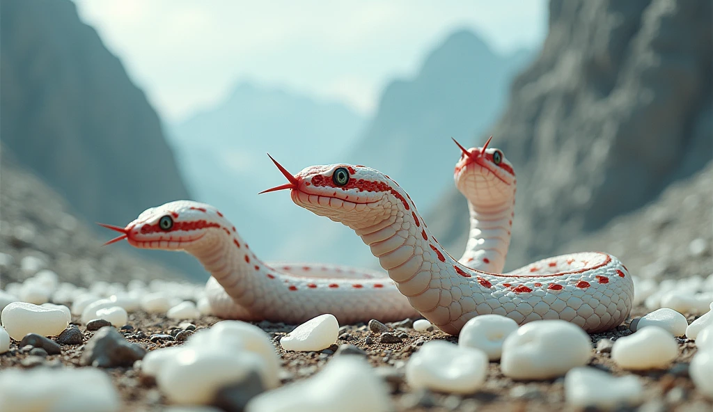 There are many white jades and pit vipers with spikes on their noses between red and white rings on the mountain.(best quality,4K,8k,High level,masterpiece:1.2),Ultra Detailed,(lifelike,Photo real,Photo real:1.37)