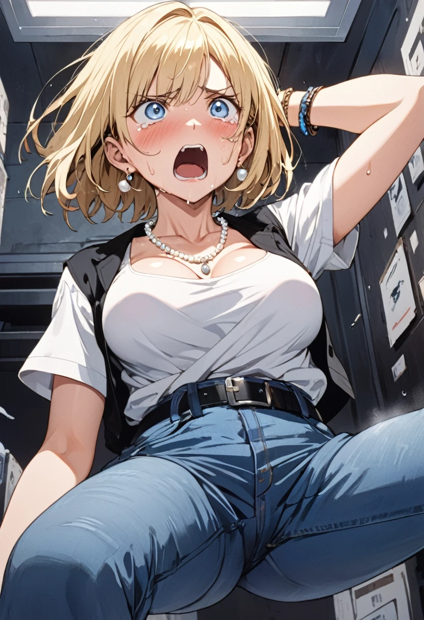 masterpiece, Highest quality, High resolution, (Artificial Human Room No. 18),1990s \(style\),(E-cup beautiful breasts)、height: 170cm,Sweating all over the body、vapor、Muscular、((sexy))、(sex),(nsfw),(M-shaped legs),Sweaty、(Breasts spilling out of clothes),独奏,Anime-style painting style, blonde hair, Blue eyes, belt, jeans, pearl_necklace, bracelet, black gloves, white shirt, short hair, short sleeves, earrings, blue short pants, open vest, black vest,middle breasts,Composition focusing on the upper body,(Cool face)、(Pointed eyes),Crying face,Scream,Composition looking up from below
