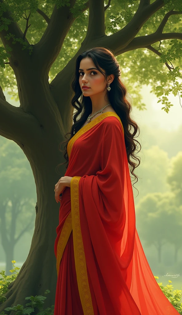 Standing under a tree, in a red saree with a yellow border, her hair cascading in soft waves. She wears a silver necklace and earrings, seeing state