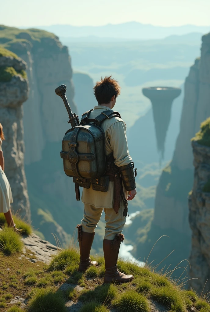 (uhd, masterpiece, anatomically correct, textured skin, super detail, high details, best quality, highres, 8k), Two adventurers standing on a grassy cliff, The man is wearing light armor, Brown Hair, Hair that stands on end, Elven women wear sleeveless dresses and , Blonde, Short Bob, Stand next to a man, Turning your back on the viewer, I can&#39;t see your face, The plain below the cliffs, Looking Down, Mr.々A land where fantasy creatures live, A waterfall flows down from a giant rock suspended in the air.