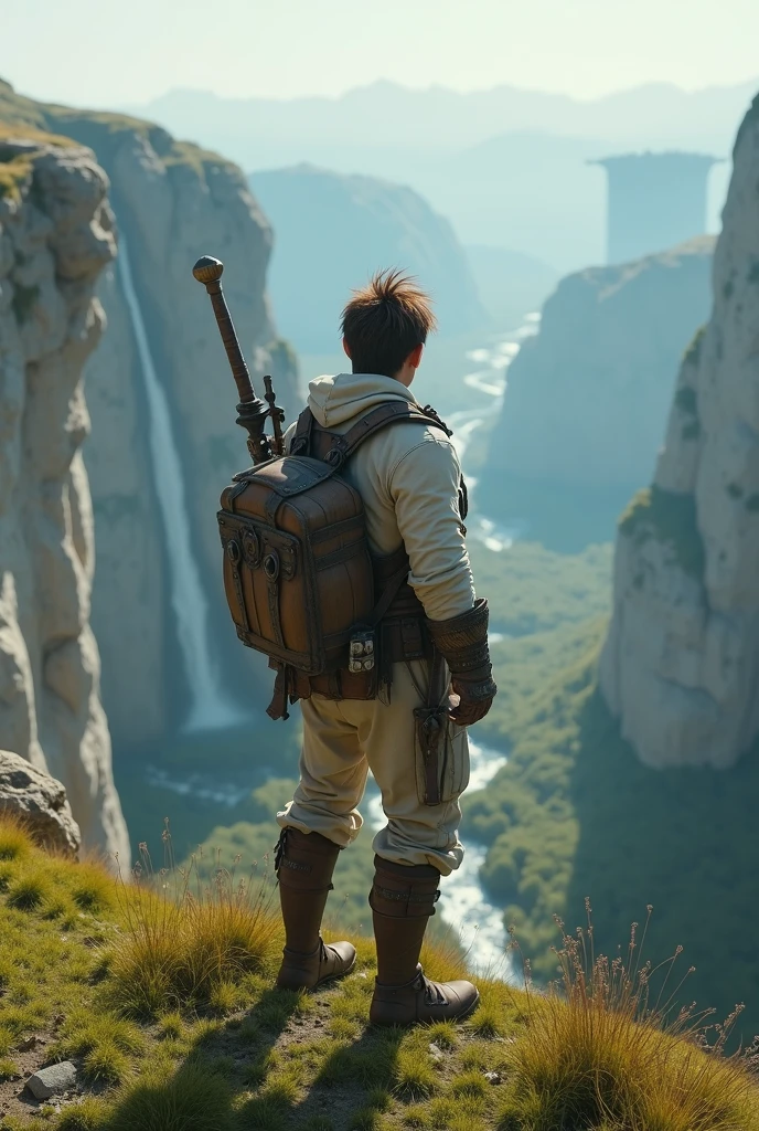 (uhd, masterpiece, anatomically correct, textured skin, super detail, high details, best quality, highres, 8k), Two adventurers standing on a grassy cliff, The man is wearing light armor, Brown Hair, Hair that stands on end, Elven women wear sleeveless dresses and , Blonde, Short Bob, Stand next to a man, Turning your back on the viewer, I can't see your face, The plain below the cliffs, Looking Down, Mr.々A land where fantasy creatures live, A waterfall flows down from a giant rock suspended in the air.