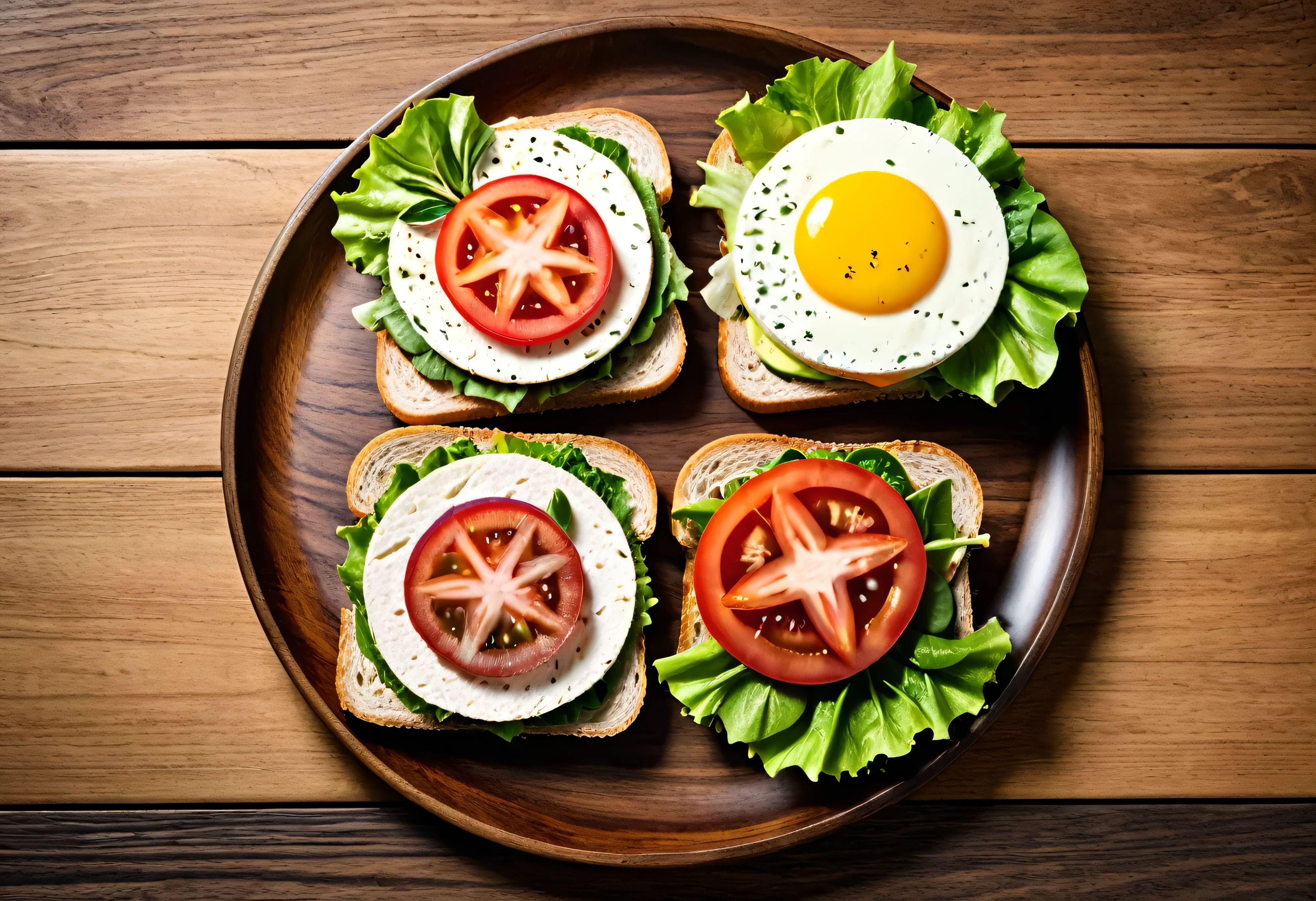 Generate a highly detailed and visually appealing top-view photo of a single plate of sandwiches placed on a round wooden table. The sandwich should be neatly arranged on the plate, with fresh ingredients like lettuce, tomato, cheese, and layers of meat or vegetables visible. The table has a rich, natural wood texture that adds warmth to the composition. The photo should be taken with a diagonal composition, where the plate is positioned at an angle, leading the eye across the frame. The lighting should be soft and natural, casting minimal shadows, and highlighting the freshness and vibrant colors of the sandwich. The overall mood should evoke a sense of appetizing simplicity, perfect for a food photography setting.