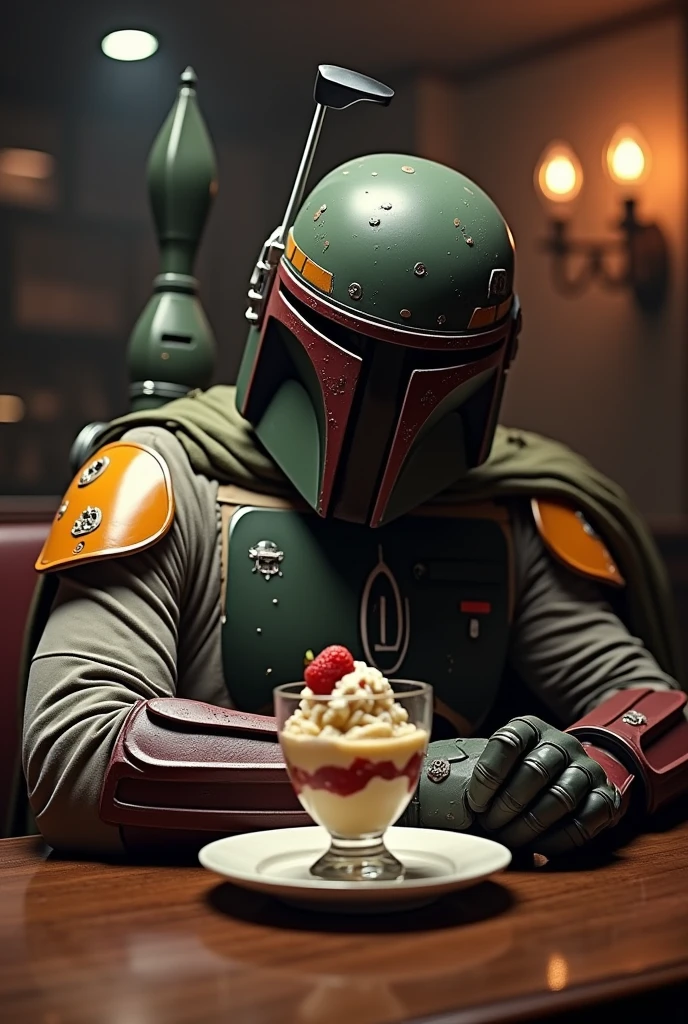 Boba Fett sitting at a table eating a parfait、Star Wars、movie、Mandaean、