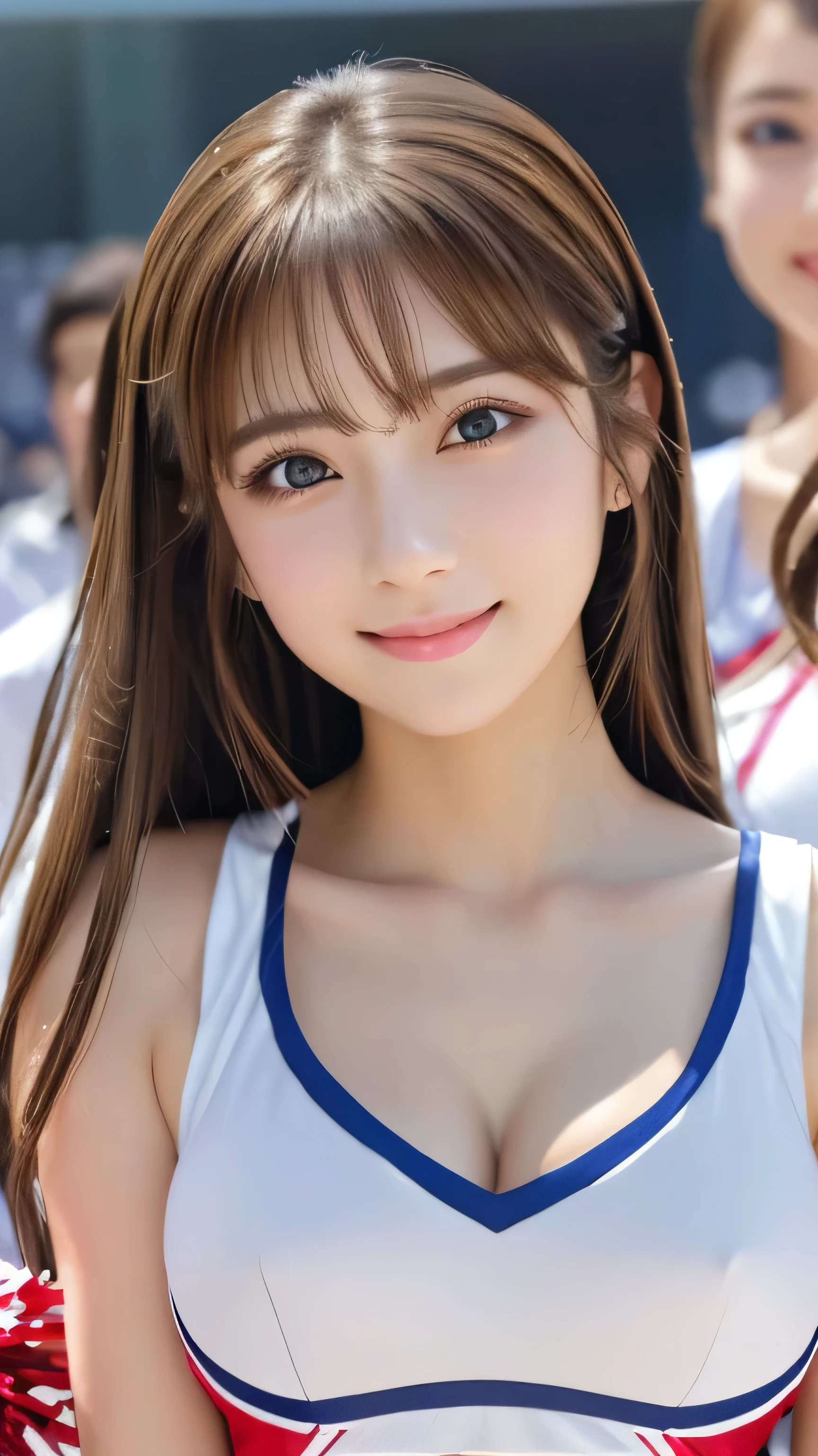 Realistic、Masseter region、Highest quality、High resolution、RAW Photos、Realistic、Bright lighting、Face Light、Smooth Professional Lighting、Japanese women、Beautiful woman、Modeled、gravure、sexy、so beautiful、Realisticで美しい肌、Beautiful and exquisite、Detailed face、slim、Large Breasts、Cleavage、Twin tails、Brunette Hair、Brown eyes、Looking into the camera、Cheerleader、Cheerleader、Cheerleader、smile