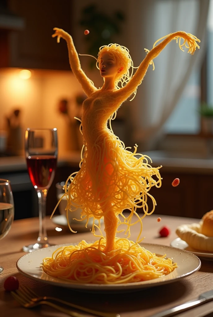 Create a whimsical and artistic scene featuring a single human like figure made entirely of spaghetti this figure should appear to be dancing gracefully on a plate the background should depict a Cozy kitchen setting with warm ambient lighting creating a romantic and intimate atmosphere include elements such as a glass of red wine and a beautiful set table to enhance the mood
