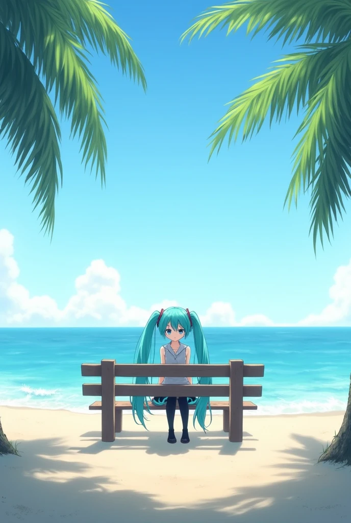 Miku sitting on a bench with a beach background with a frontal camera view