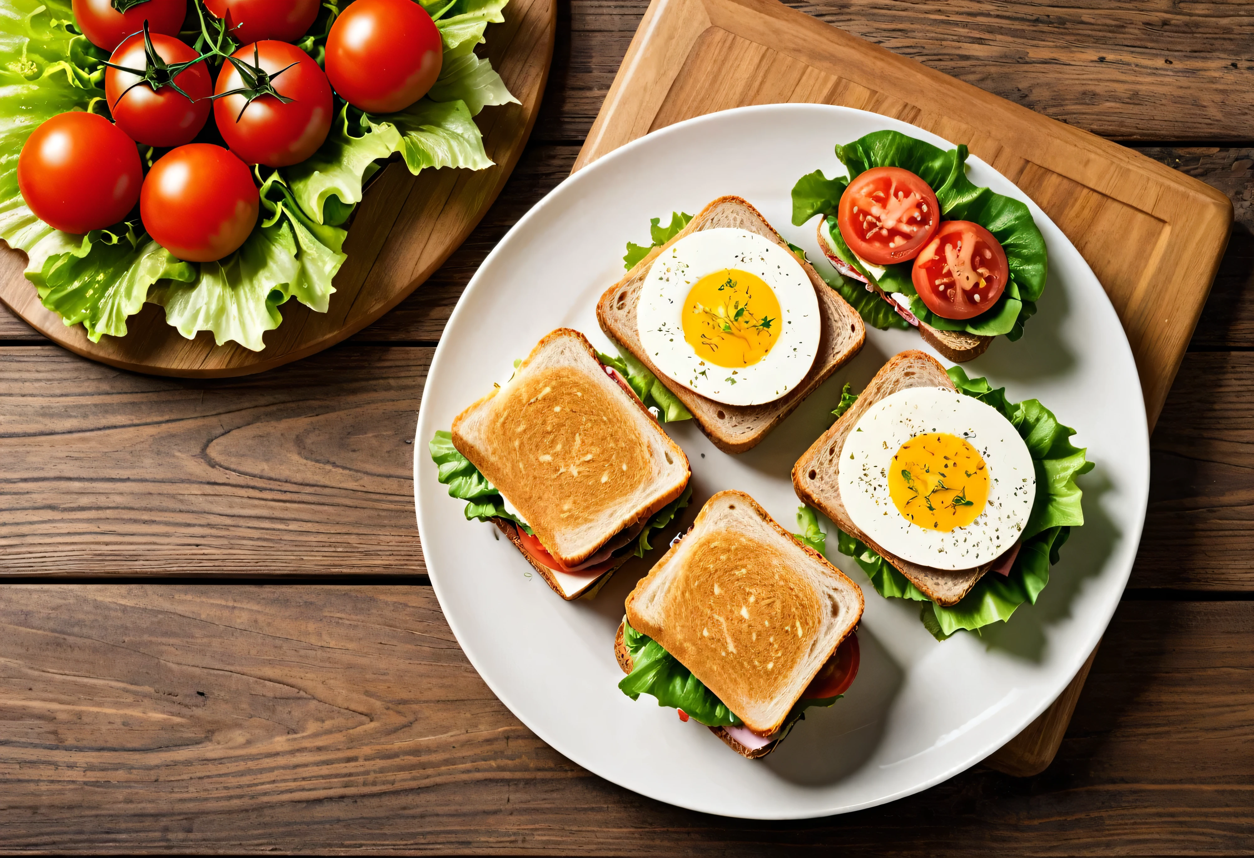 Generate a highly detailed and visually appealing top-view photo of a single plate of sandwiches placed on a round wooden table. The sandwich should be neatly arranged on the plate, with fresh ingredients like lettuce, tomato, cheese, and layers of meat or vegetables visible. The table has a rich, natural wood texture that adds warmth to the composition. The photo should be taken with a diagonal composition, where the plate is positioned at an angle, leading the eye across the frame. The lighting should be soft and natural, casting minimal shadows, and highlighting the freshness and vibrant colors of the sandwich. The overall mood should evoke a sense of appetizing simplicity, perfect for a food photography setting.