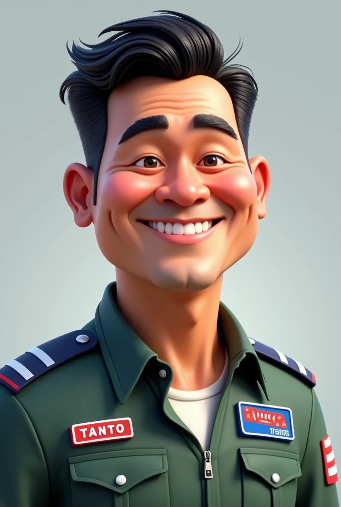an indonesia man, on his 40, prime ans healthy, calm face, typical family man, wear top gun jet fighter uniform,his name tanto written on left name tag, favourite trans written on right, big head, 3d, short , portrait. grey background, 3d cartoon, caricature