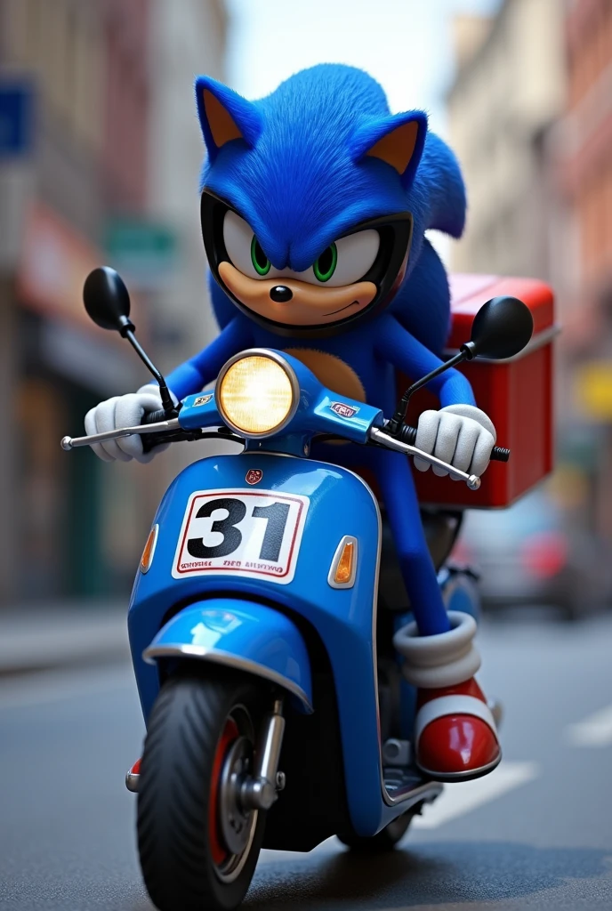 Create a png image of a Sonic character delivering food on a blue Genesis 125 motorcycle and the number 31 can be seen on the motorcycle, and have a black motorcycle helmet