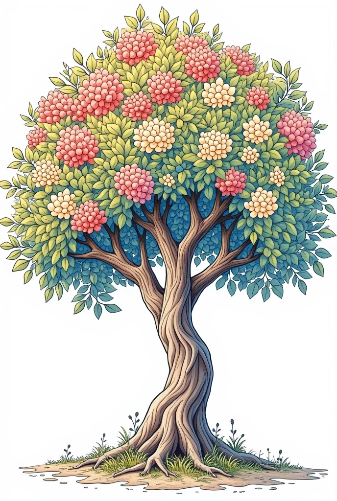 Create me a coloring picture of a tree with flowers, for coloring with large white areas and strong black lines