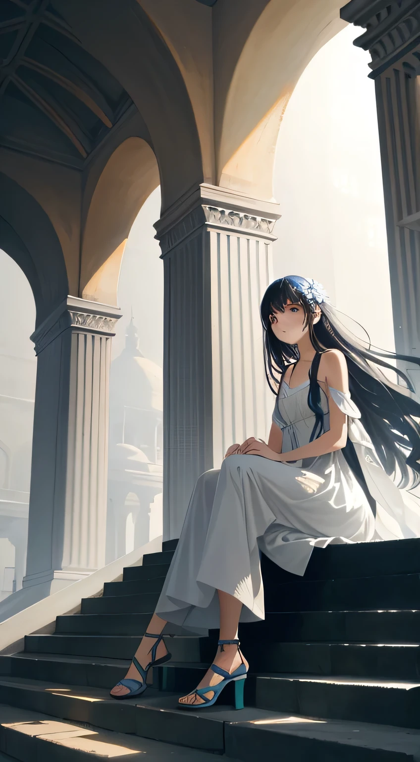 texture, Skin pores, Dusty atmospheric haze, whole body,A beauty with long hair (Blown by the wind)1.2 hair wearing a sundress, Sitting on the outdoor stairs overlooking (scifi solarpunk)1.2 Architecture, Hanging Legs, Foggy morning, (Backlight)1.2