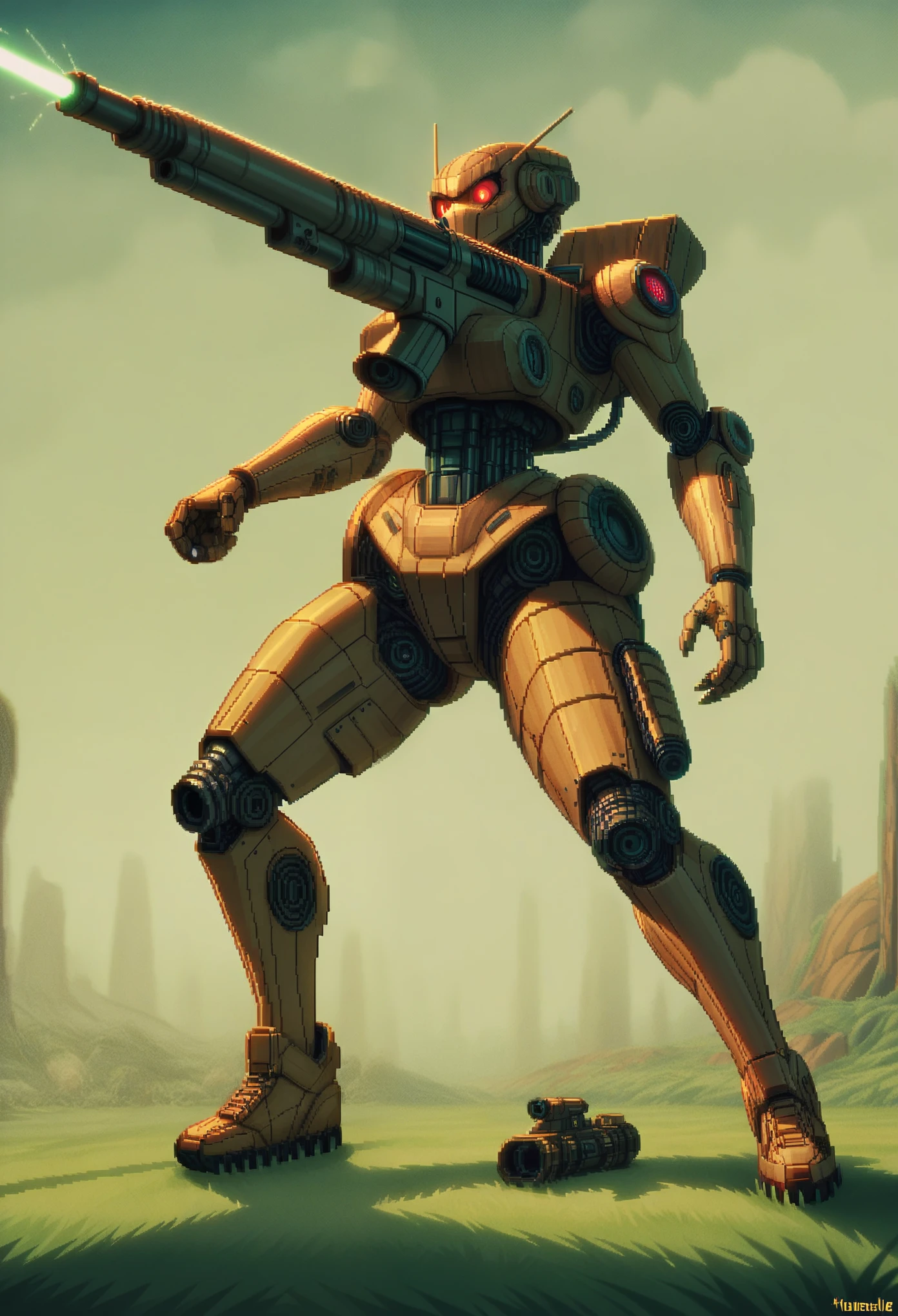 a large voxel robot, war machine, laser gun, short range ballistic missile launcher, long range missile launcher on its back, pixel art, final boss fight, highly detailed, cinematic lighting, dramatic angles, grungy, dystopian, vibrant colors, volumetric fog, depth of field, hyper-realistic, intricate mechanical details, glowing energy effects, battle-damaged, epic scale, imposing presence, dramatic pose, powerful, intense, awe-inspiring
