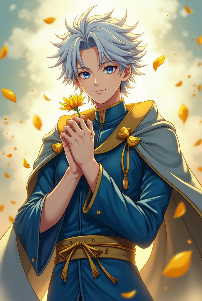 gojo satoru in anime style, with a yellow flower in his hand